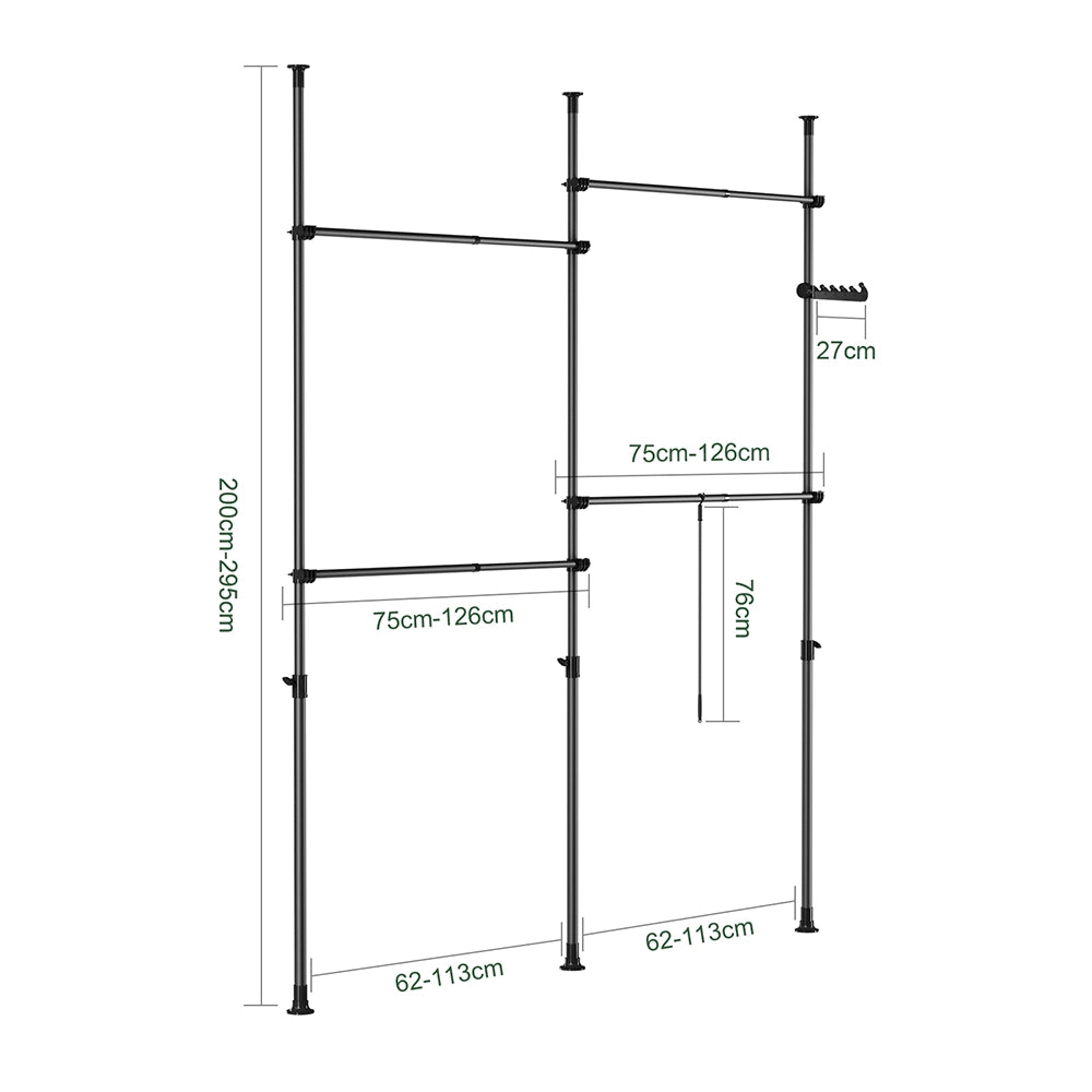 SoBuy KLS03-II-SCH Telescopic Appendiabiti da Terra, Robusto Stand Appendiabiti con Aste, Armadio Aperto Regolabile per Camera da Letto, Porta Abiti Nero