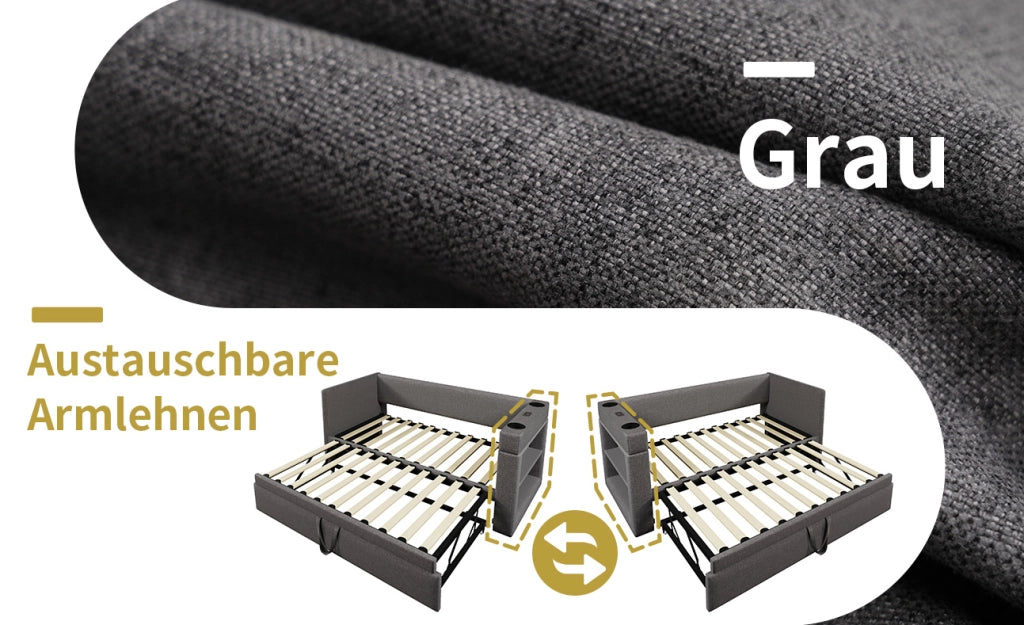 Daybed imbottito grigio 90x200 cm con letto estraibile, braccioli con ricarica USB e Type-C, senza materasso