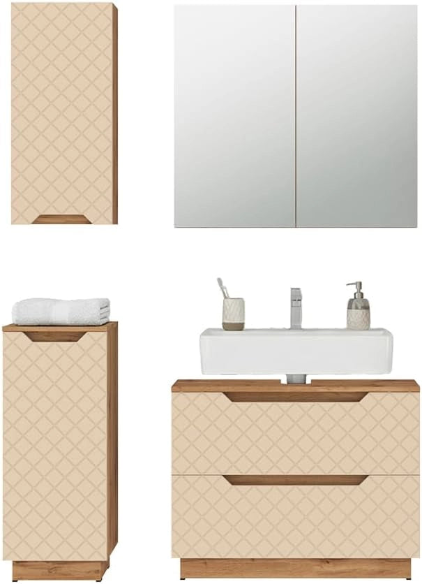 Set di mobili da bagno Lotta, Cachemire, 79.6 cm, composto da mobile sottolavabo, specchiera, armadio medio e pensile