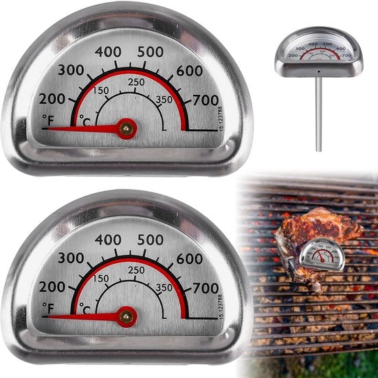 Termometro per BBQ/Grill 0-350 °C - Acciaio Inossidabile - 2 Pezzi - Grande Vetrino - Zona di Sicurezza a Colori Codificata - Termometro per Grill