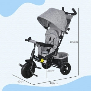 Triciclo 6-in-1 Grigio per Bambini 1-5 Anni con Maniglia Spinta, Tetto Parasole Rimovibile, Cuscino, Cintura 5 Punti, Cesto e Portabicchieri