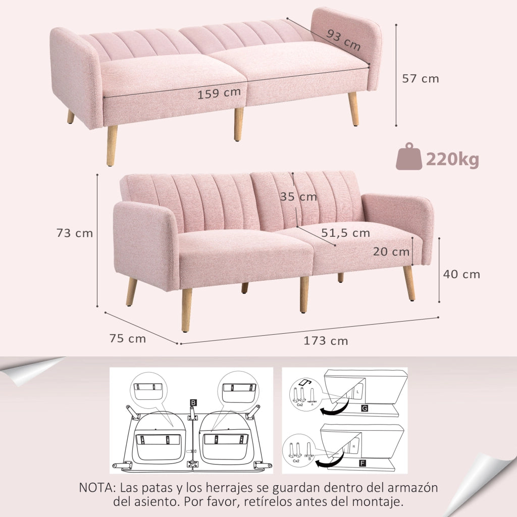Divano Letto 2 Posti Imbottito ¨C Zephmum ¨C 173x75x73 cm Rosa