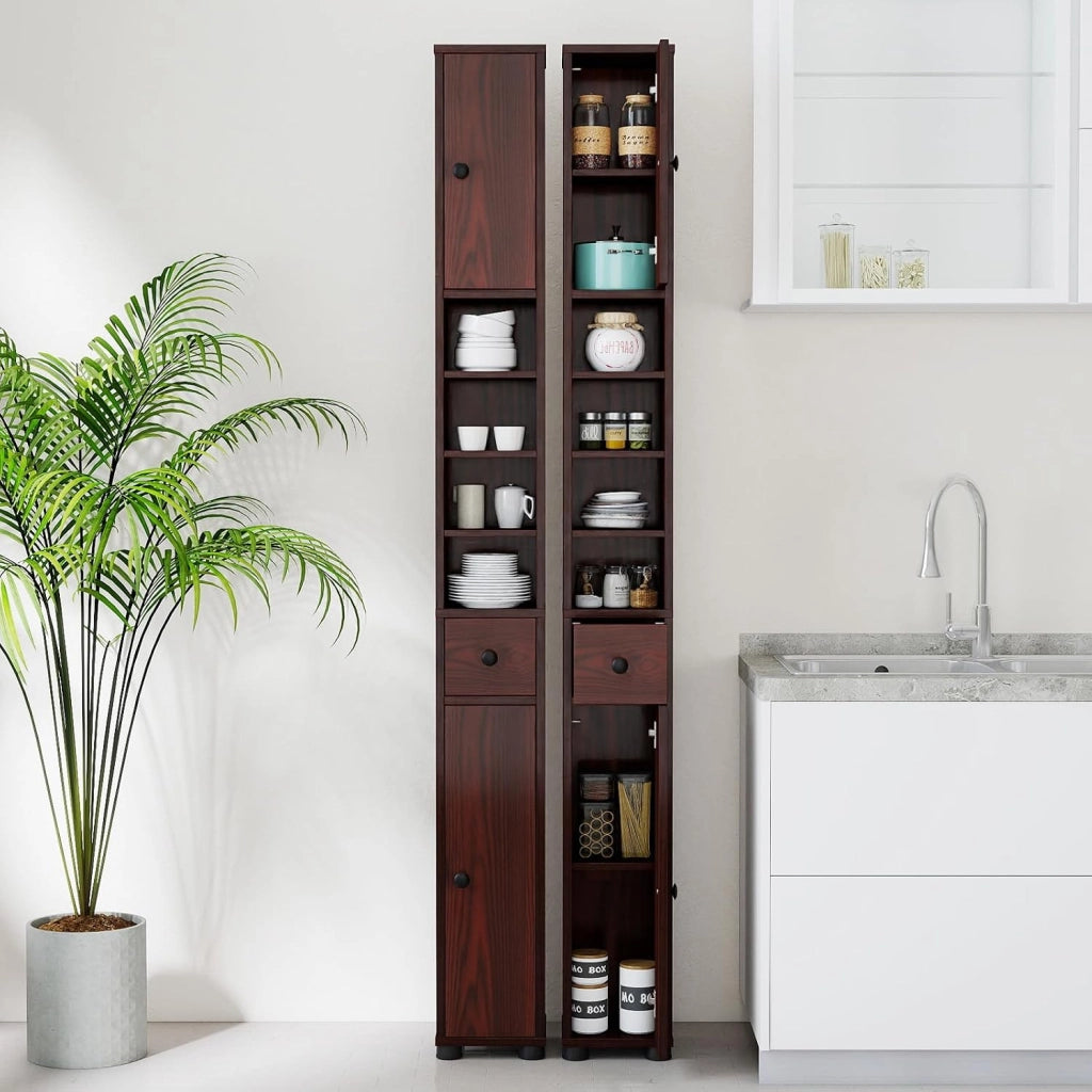 Mobile Bagno Alto Stretto, Mobiletto Colonna Salvaspazio con 1 Cassetto, 5 Ripiani Regolabili e Struttura Antiscivolo, Mobile a Terra per Ingresso, 20 x 20 x 180 cm (4 Ripiani, Marrone)