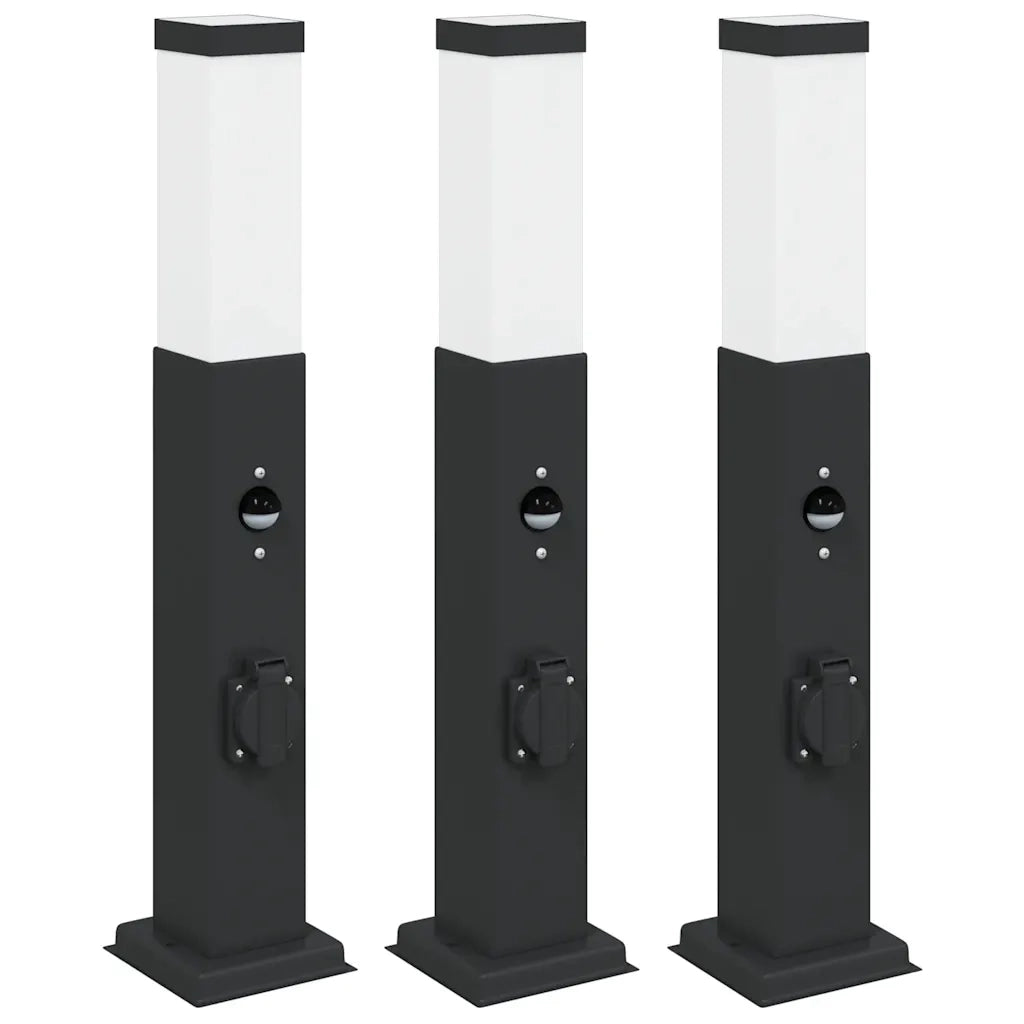 Lampioni a paletto con sensore e presa 3 pz 50 cm neri IP44 4006090