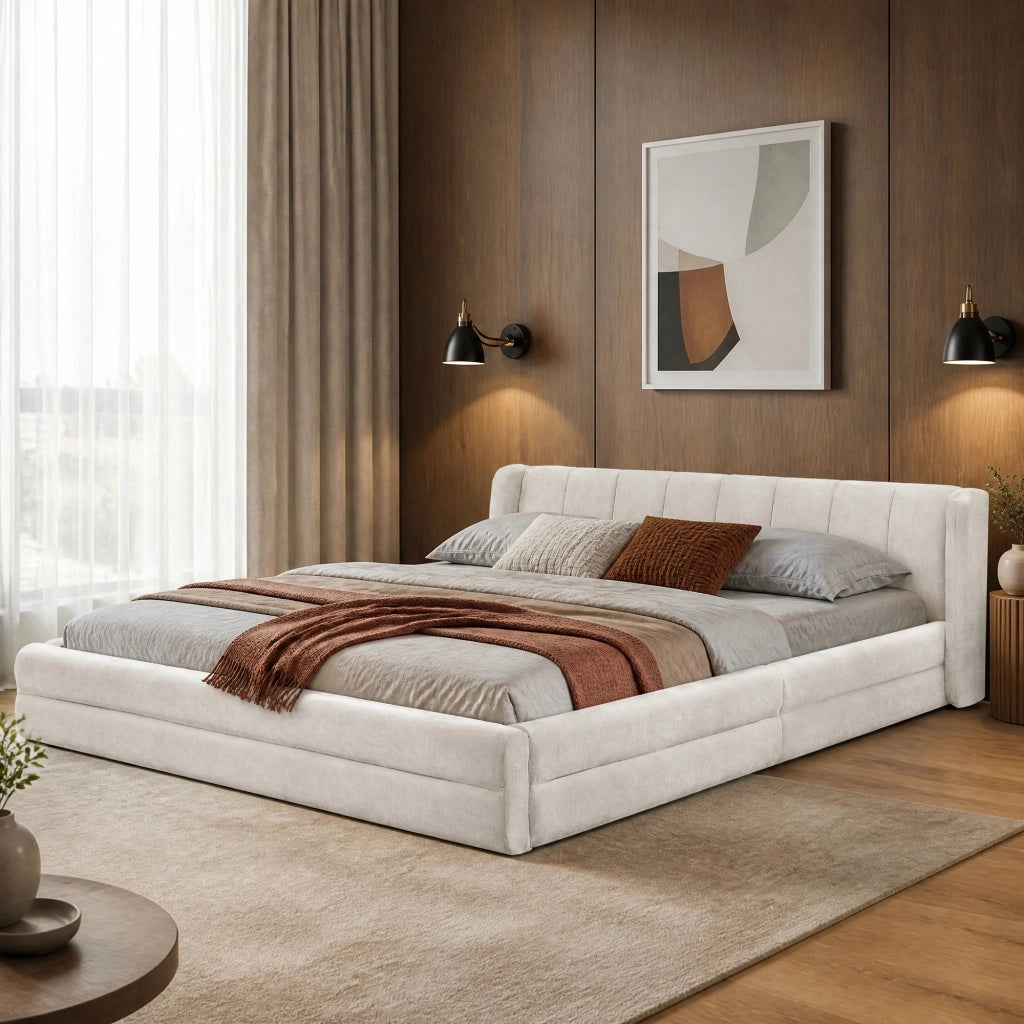 Letto matrimoniale 140x200 cm rivestito in chenille beige con testiera ergonomica e struttura rinforzata