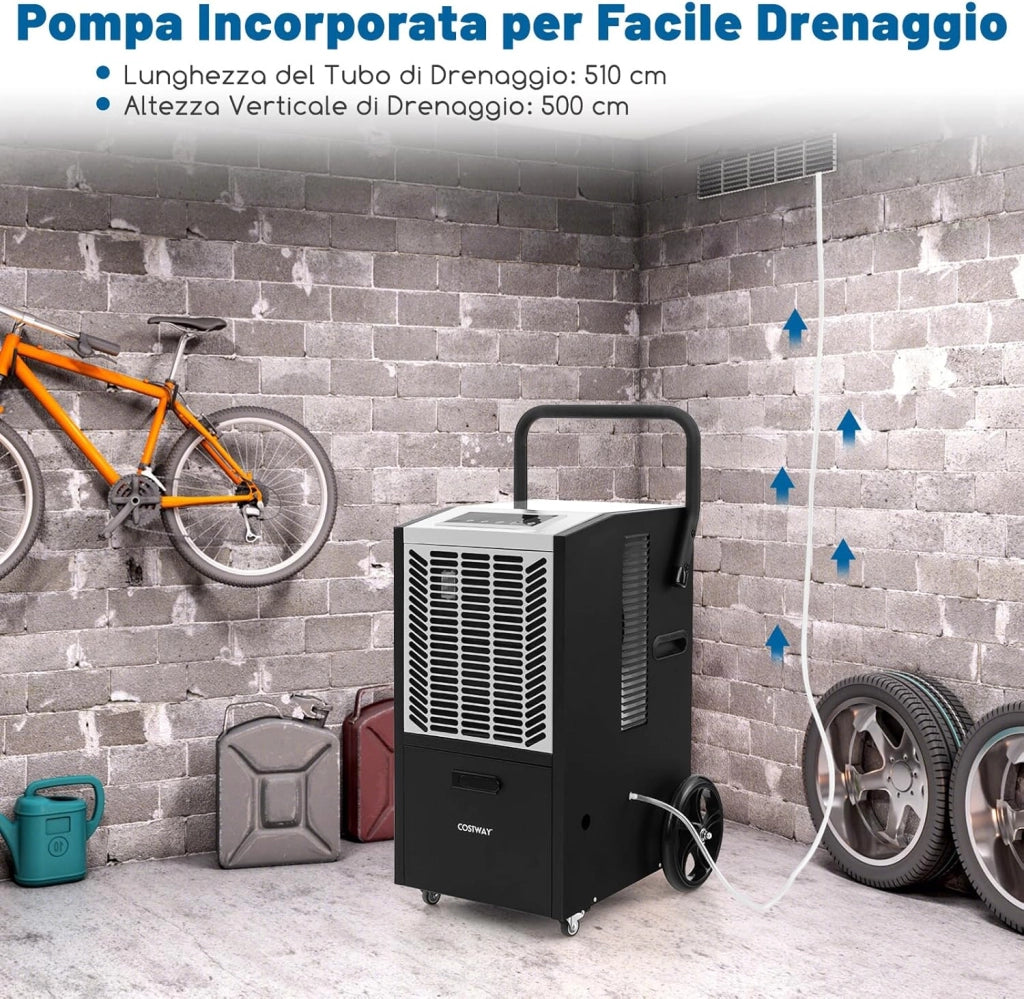 66 L Deumidificatore Commerciale, Deumidificatore con Pompa e Tubo di Drenaggio, Deumidificatore Industriale con Timer 24H e 4 Ruote per Cantina Magazzino (Bianco)