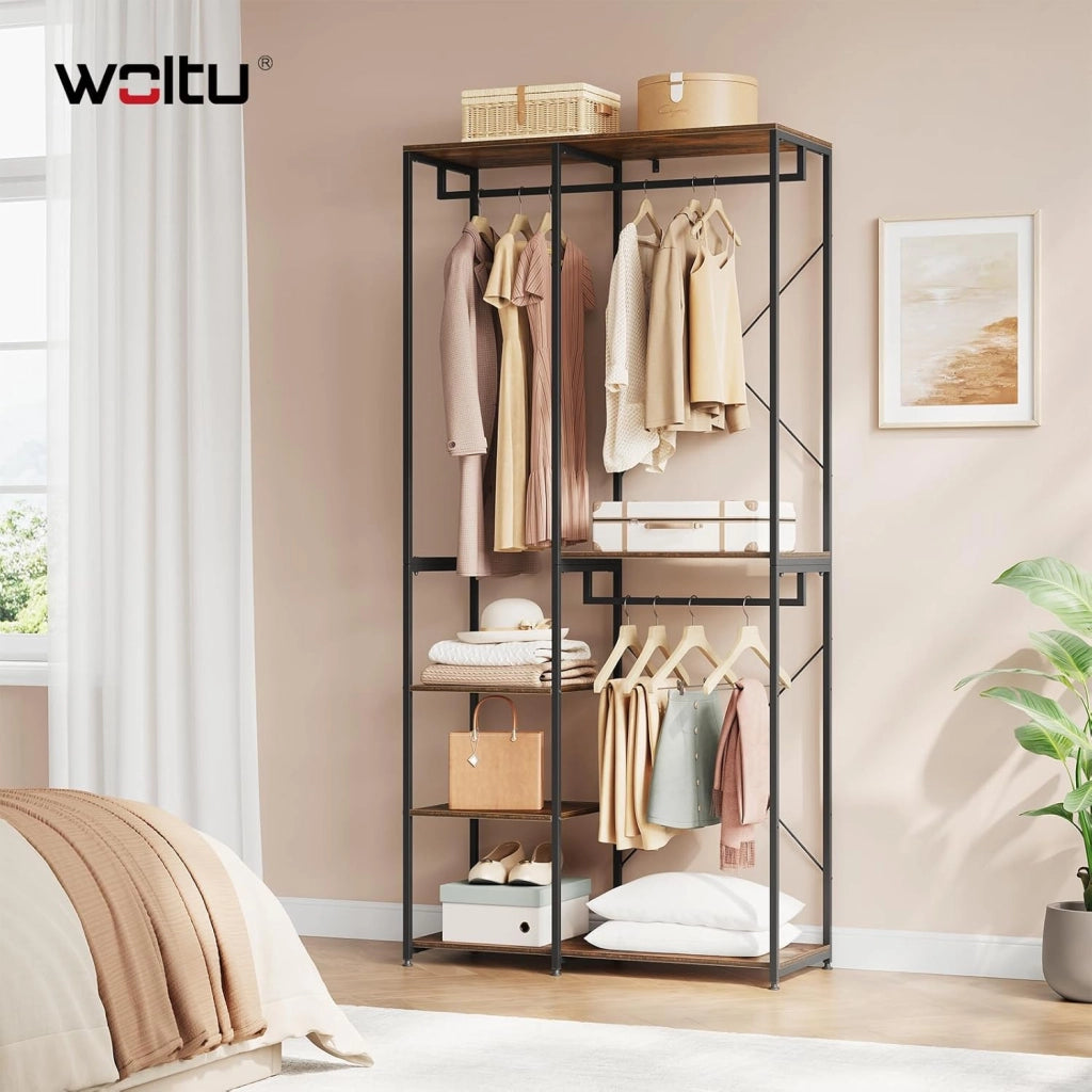 Porta Abiti in MDF e Acciaio, Appendiabiti con Scaffali, Attaccapanni Moderno, Guardaroba Armadio Nero 90x40x204,5 cm
