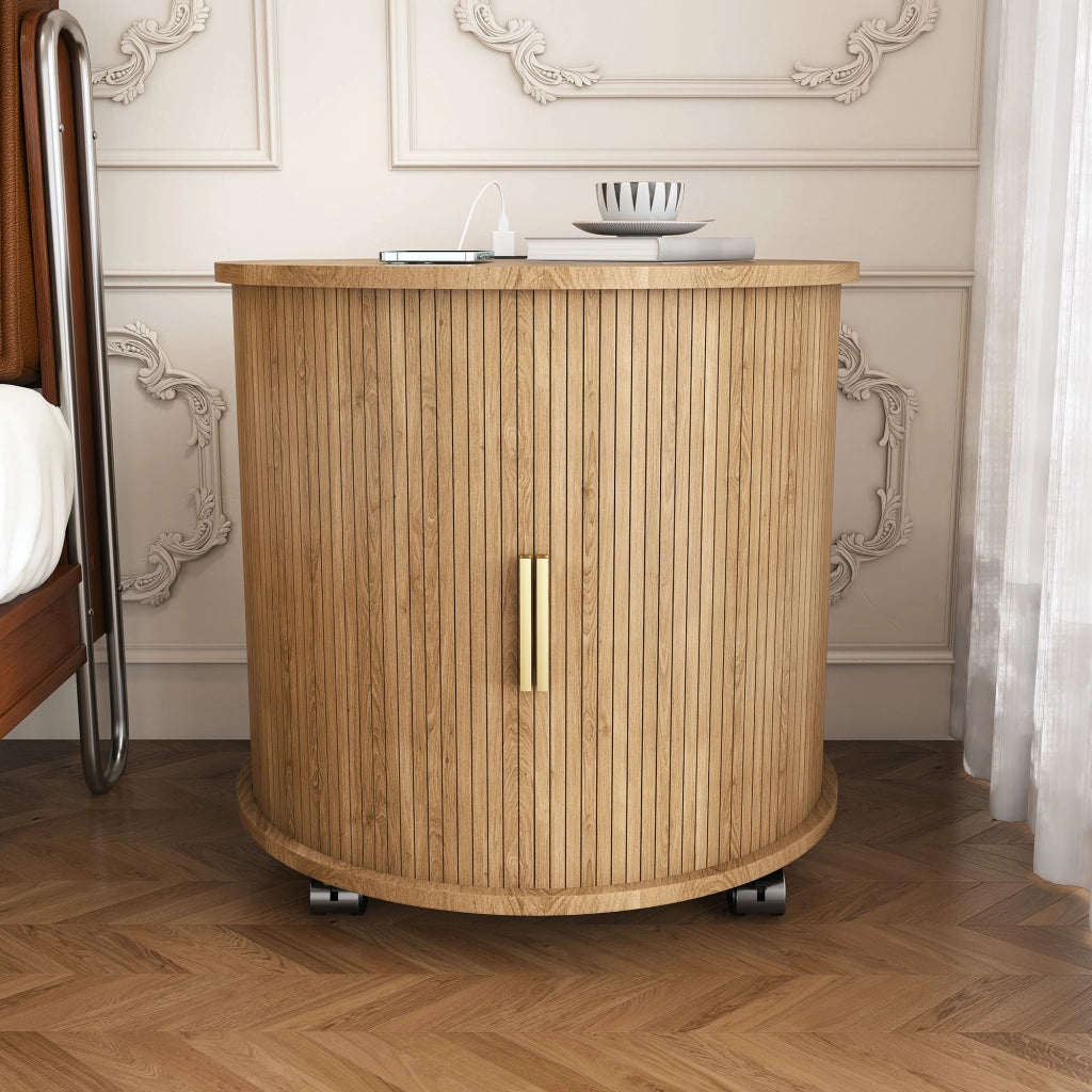 Comodino cilindrico con porta scorrevole; presa e 2 porte USB; per camera da letto; in MDF; rovere; 60×60×60 cm
