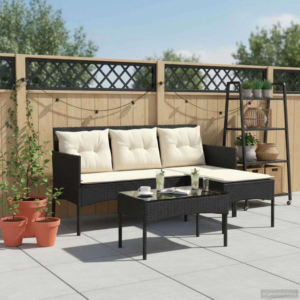Set Divano da Giardino 2 pcs Nero e Crema polyrattan