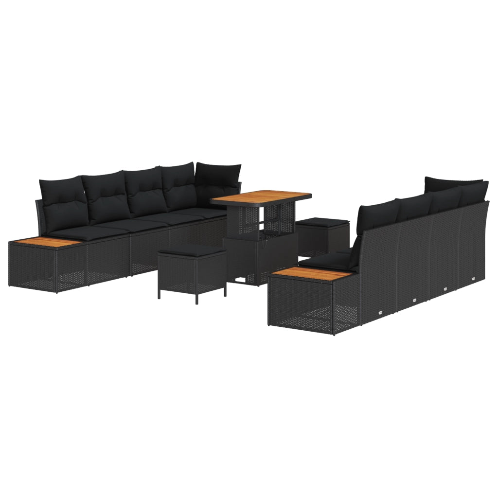 Set di 11 Pezzi da Giardino con Cuscini in Nero Polyrattan