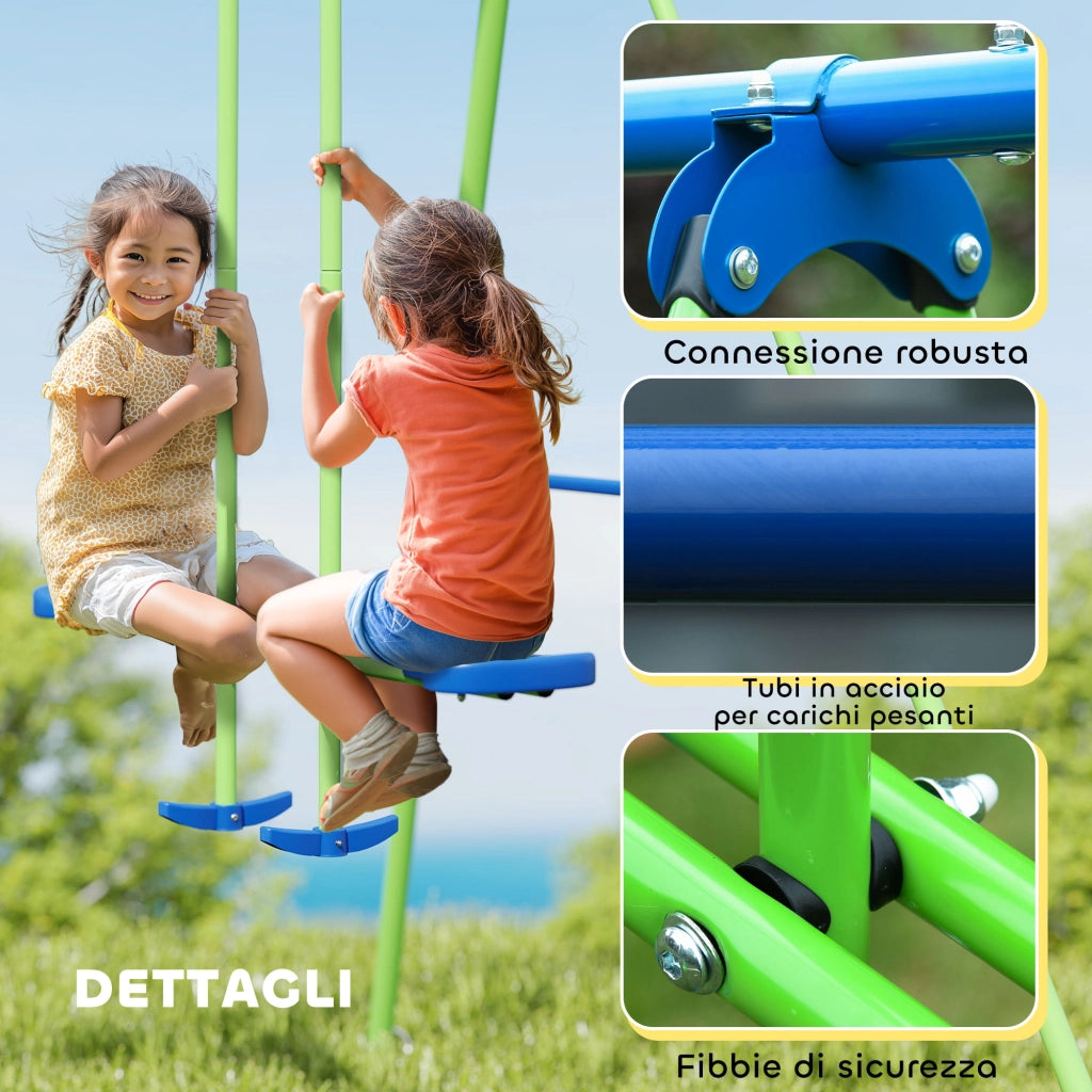 Altalena Doppia con 2 Singole per Bambini ¨C zephmum ¨C Verde Blu Metallo PE 280x140x178 cm