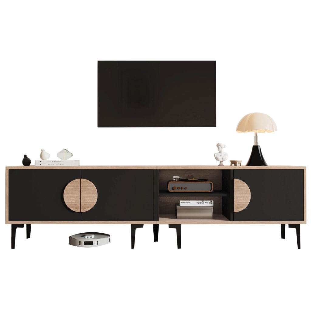 Mobile TV basso - Zephmum- 180x35x49cm, 2 ante, scaffali aperti, colore legno e nero, adatto per TV 80 pollici