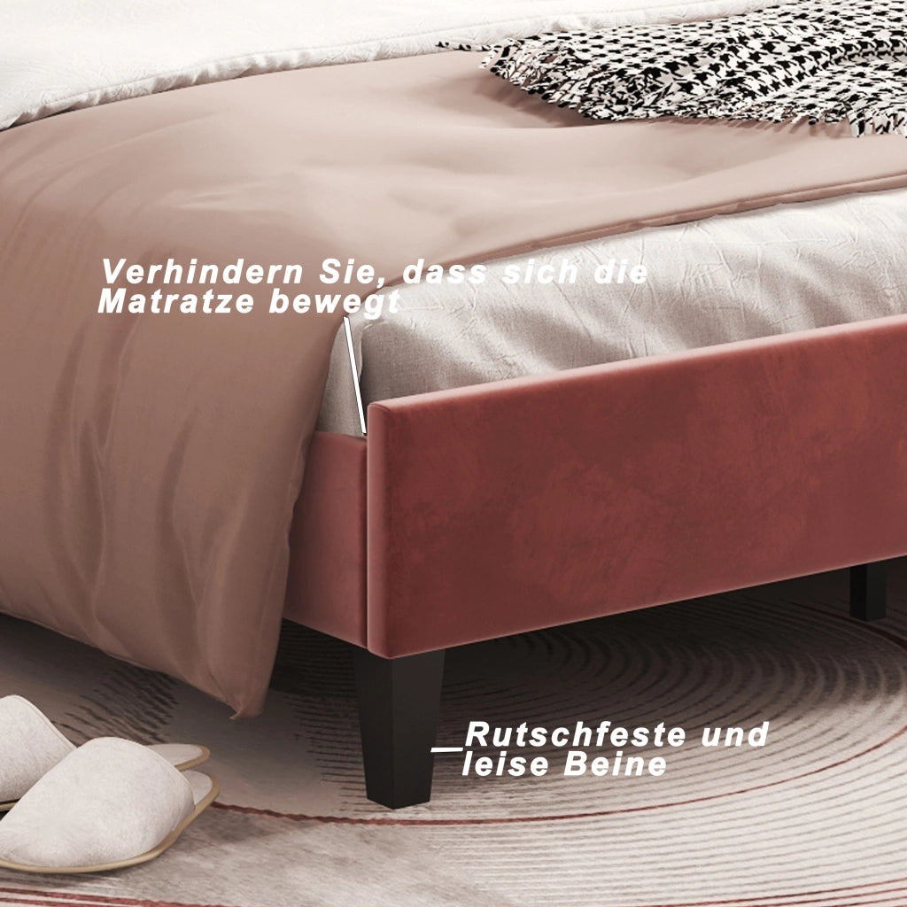 Letto Matrimoniale 140×200 cm; Letto Imbottito con Testiera Floreale; senza Materasso; Velluto Rosso