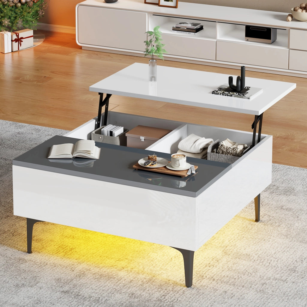 Tavolino da soggiorno sollevabile 70×70×35 cm con LED, vano contenitore e cassetto, bianco e grigio
