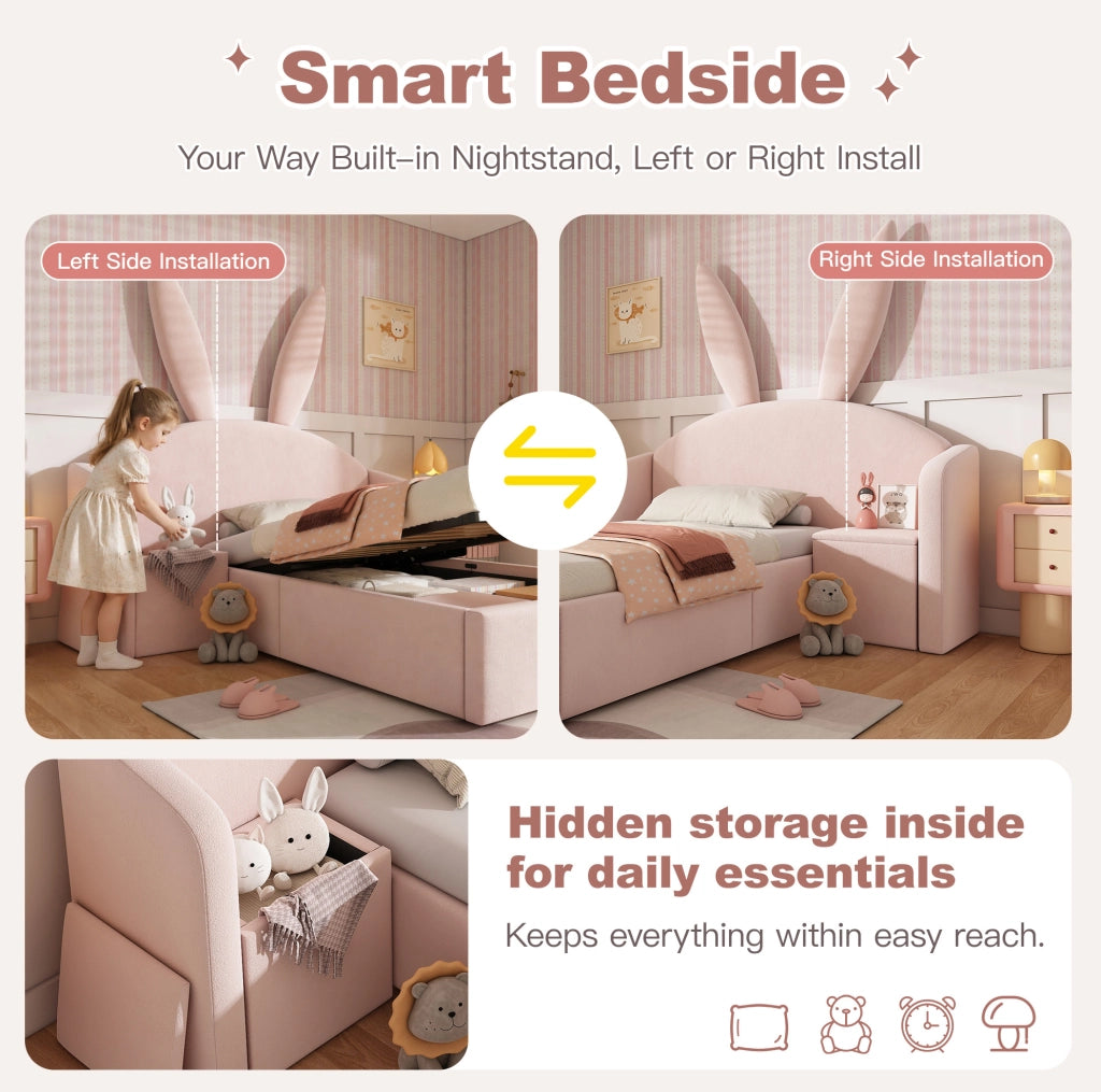 Letto per bambini 90x190 cm in velluto rosa con contenitore; comodino e orecchie di coniglio