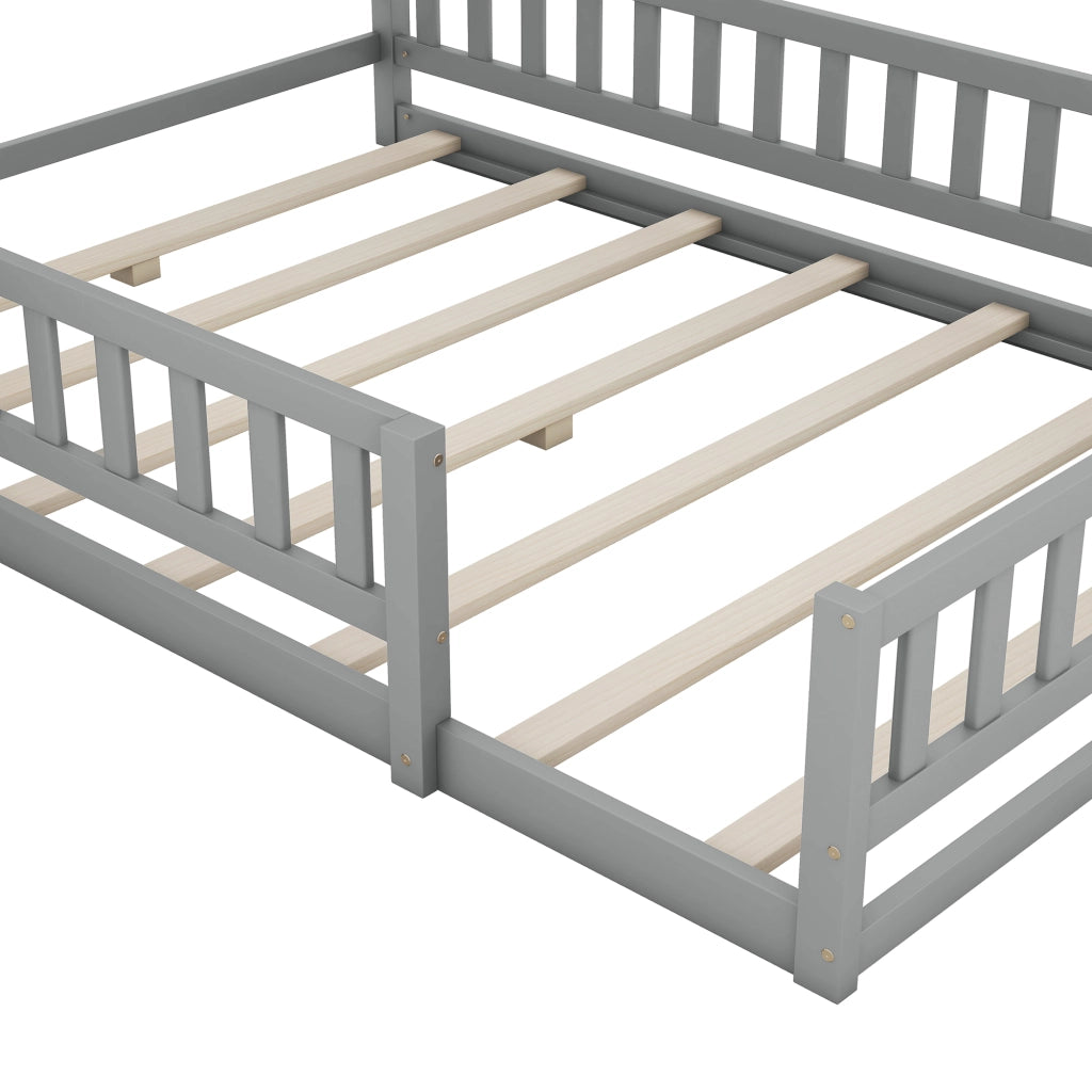 DESMIU Letto casetta letto per bambini 2 posti con sponda e comodino, 140 × 200 cm, senza materasso, grigio