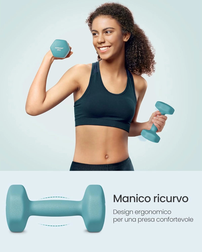 SONGMICS Set manubrio, 3 paia, 2 x 1 kg, 2 x 2 kg, 2 x 3 kg, supporto portaoggetti, palestra, sollevamento pesi, rivestimento in neoprene antiscivolo