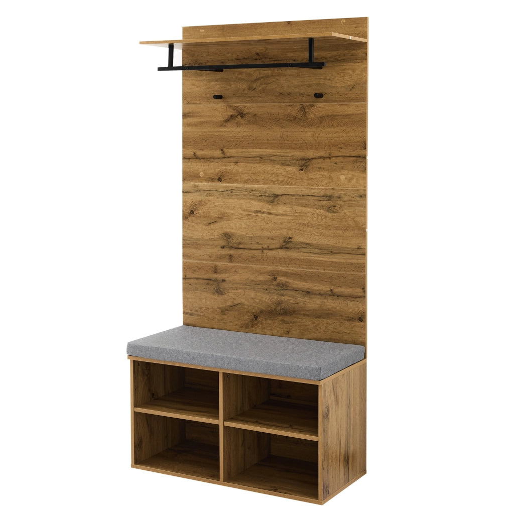 Mobile da ingresso con scarpiera imbottita, ripiano regolabile, asta appendiabiti e 2 ganci, in truciolare, rovere, 84 × 35 × 175 cm