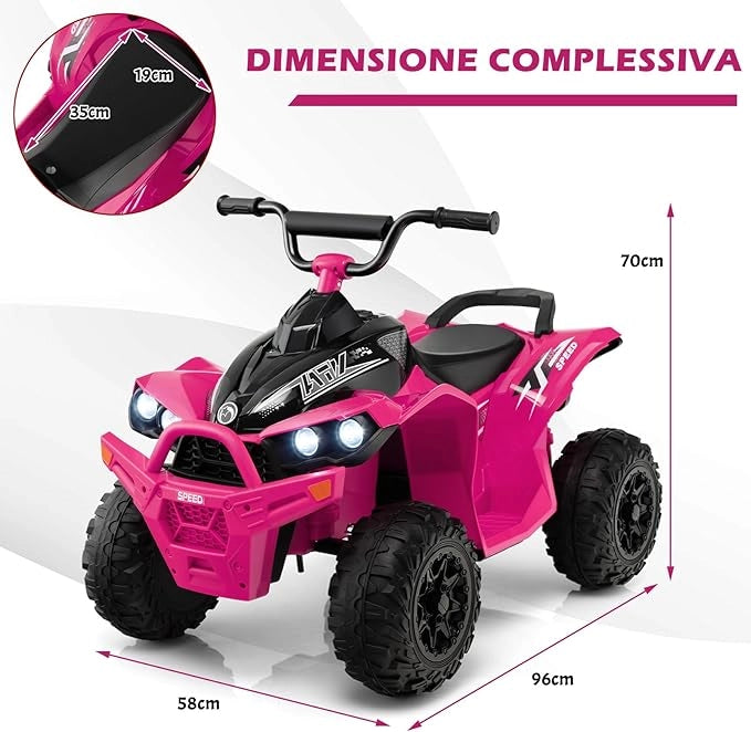 12V Quad Elettrico per Bambini, Macchina Elettrica con Velocità Alta/Bassa, Sedile Comodo Fari Corno e Musica, Auto Elettrica Cavalcabile 2,2/4,3 km/h (Rosa)