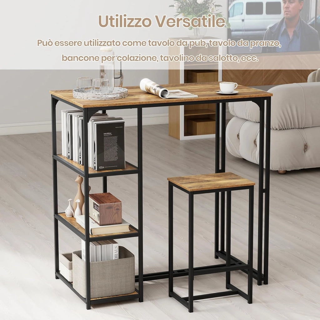 Set 3 Pezzi Tavoli da Bar per 2 Persone, Tavolo da Pranzo con 2 Sgabelli, 3 Ripiani Portaoggetti, Banco Pub e Sedie per Appartamento Piccolo, Cucina e Soggiorno,110 x 60 x 110 cm