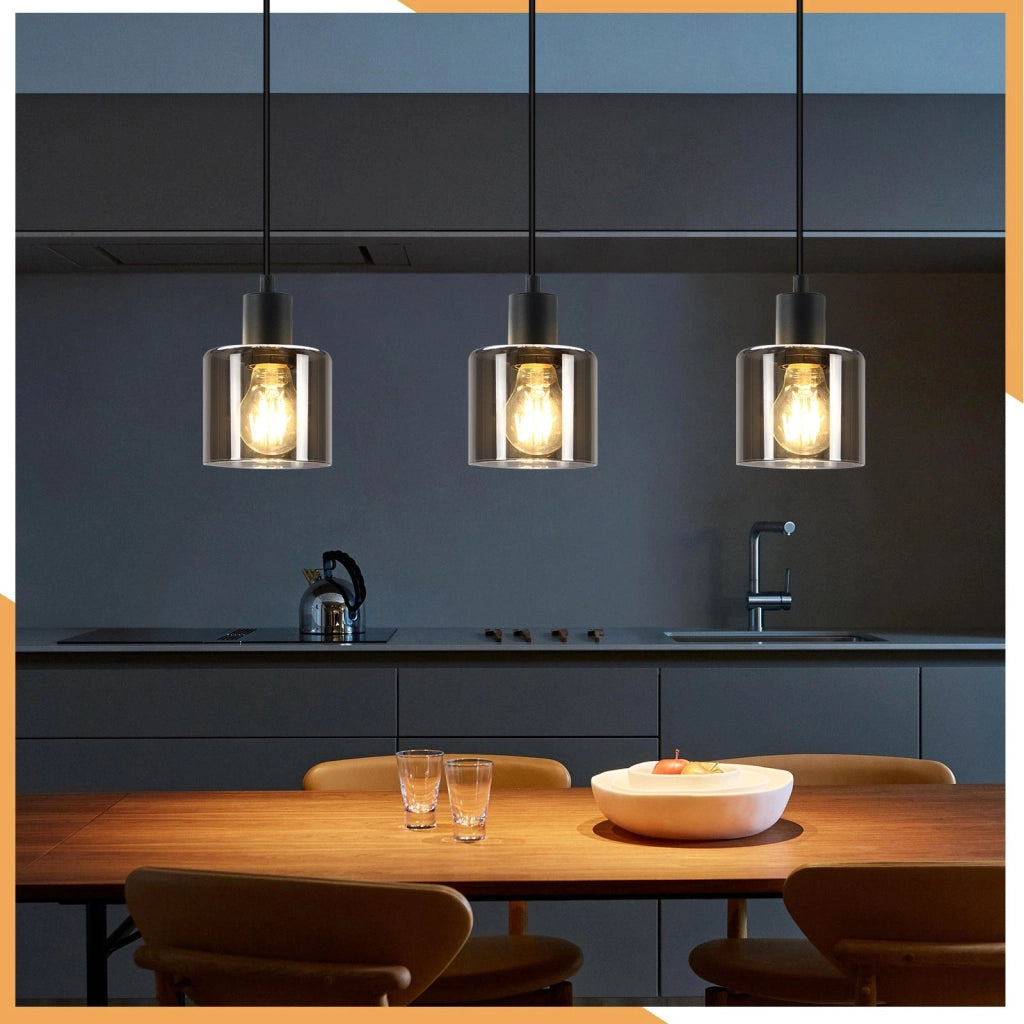 Lampada a Sospensione ZMH 3 luci vetro nero E27 vintage industriale retr¨° per soggiorno e sala da pranzo