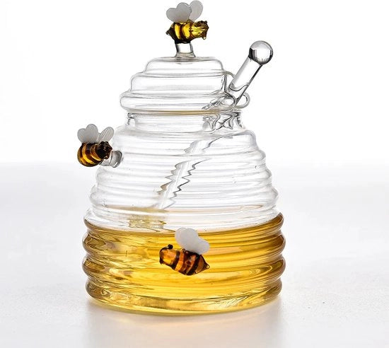 Vaso di Honing in Vetro - Con Penna di Honing e Coperchio - Vetro Trasparente - Conservazione - Accessori Cucina - Decorativo - Tè Raffinato - Da Consumare con il Tè - Colazione - Pranzo