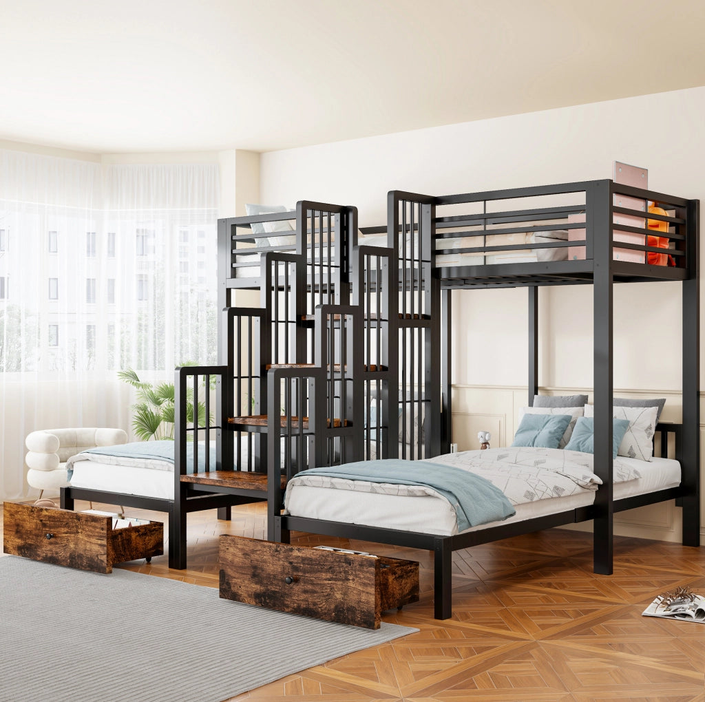 Letto a castello triplo 90x200 cm in metallo e legno; nero; con scala; sponde e 2 cassetti