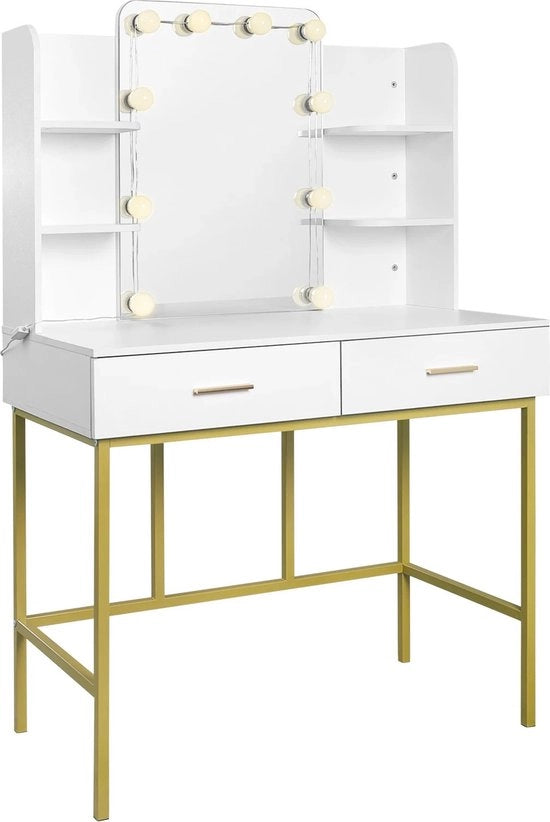 Tavolo da Cipria con Specchio e Illuminazione - Gatto da Cipria - Tavolo da Cipria in Legno - 2 Lavelle - Camera da Letto - 90x45x136 Cm