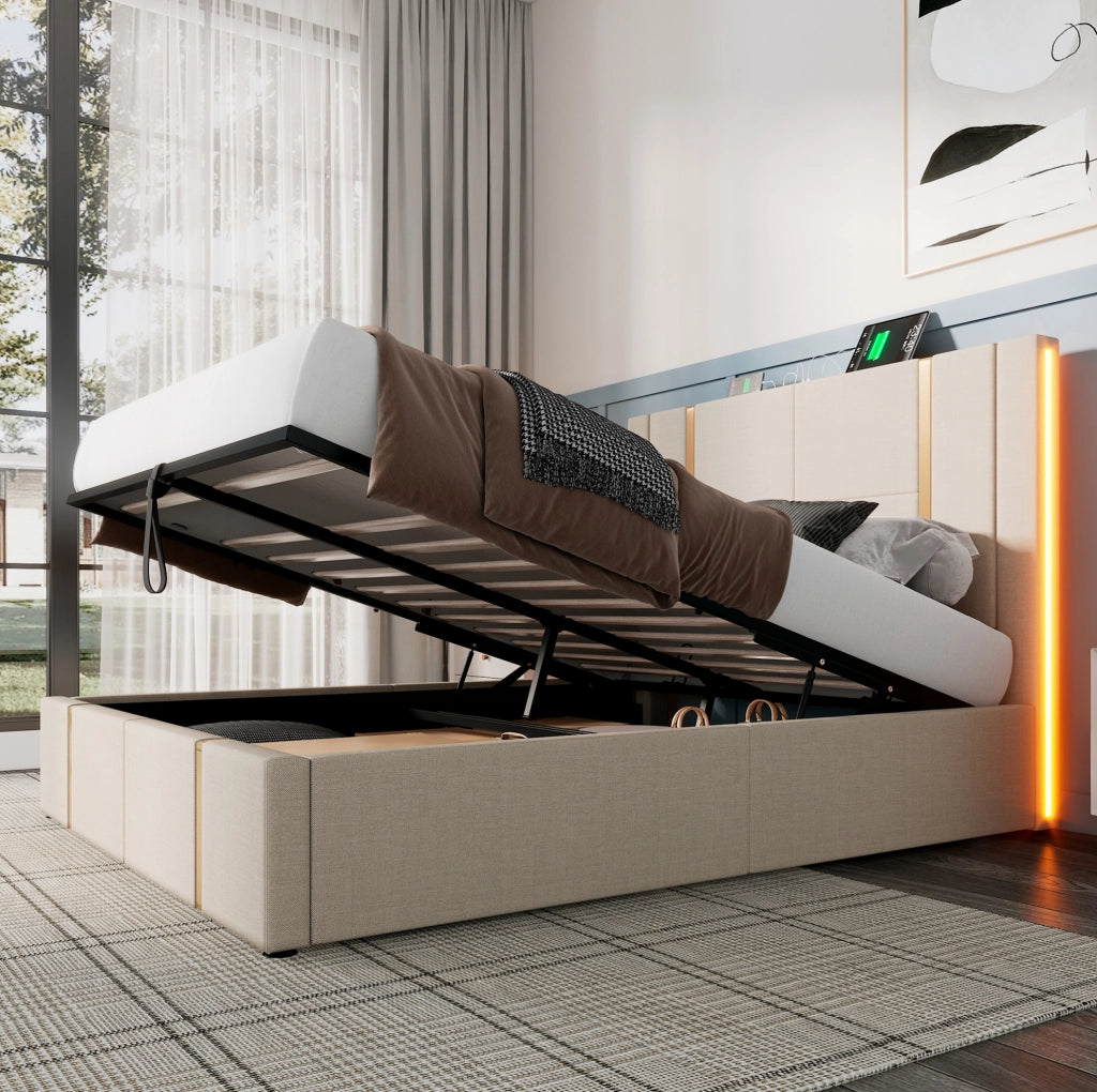 Letto matrimoniale imbottito ULEVR 160x200 cm con contenitore idraulico, LED RGB, USB e Type-C, beige