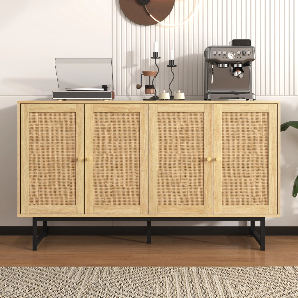 Madia con 4 Ante e Ripiani Regolabili; Rattan Naturale; Stile Moderno; in Pannello Truciolare; 140??39;5??80 cm; Legno
