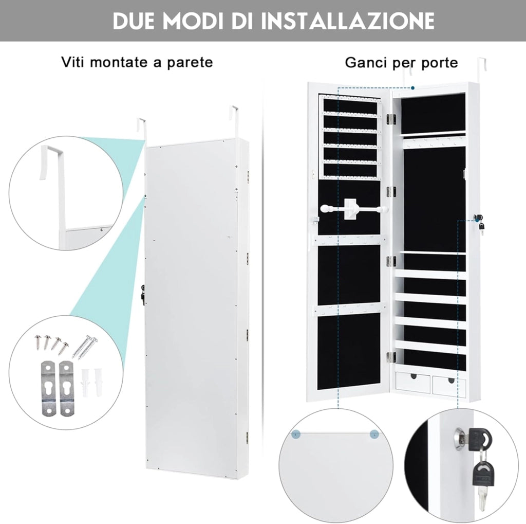 Armadietto Portagioie Specchio per Gioielli con Luci LED, Specchiera da Porta e Muro, per Figura Intera, 120x37x9,6cm