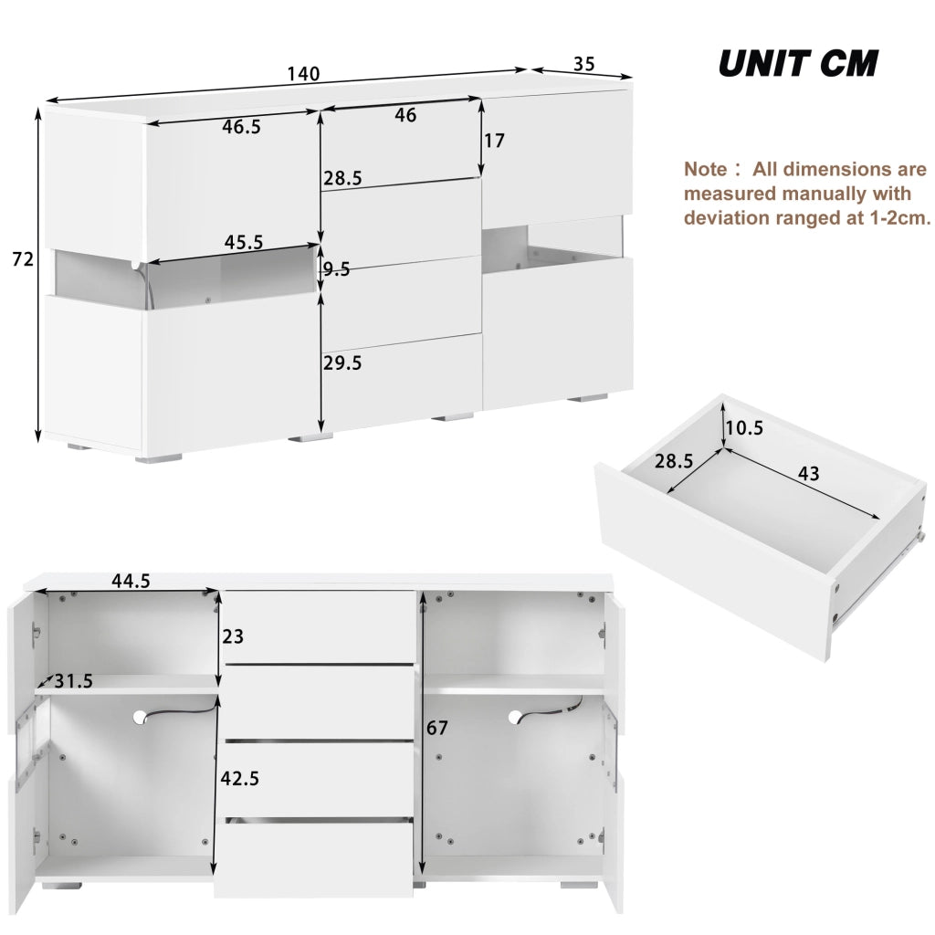 Madia con 2 ante e 4 cassetti; illuminazione LED - in MDF - 145x35x72 cm - bianco