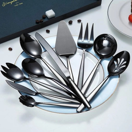 Set da servizio in acciaio inossidabile a 10 pezzi con rivestimento in titanio nero, cucchiai da servizio, set di utensili da servizio in argento (10 pezzi)