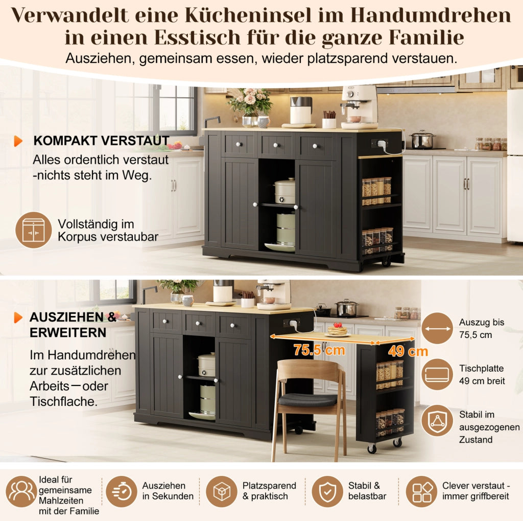 Isola cucina mobile con tavolo estraibile e prese USB, 138(213) cm