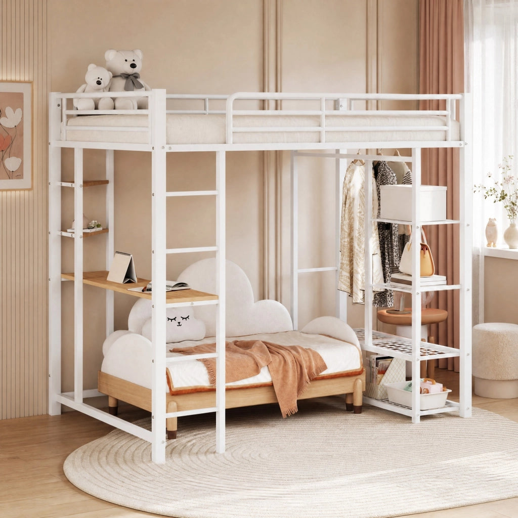 LETTO a soppalco 140x200 cm con scrivania e armadio, metallo bianco