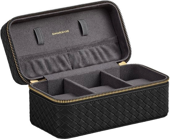 Etui per orologi da viaggio, con 3 contenitori, finitura PU a look intrecciato, 10 x 20 x 9 cm, idea regalo, collezione RONNE, coperchio nero, fondo in pelle grigia scuro JWB017G01