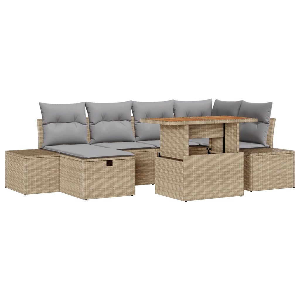 Set da Pranzo Giardino 7 Pezzi con Cuscini Beige Polyrattan Acacia