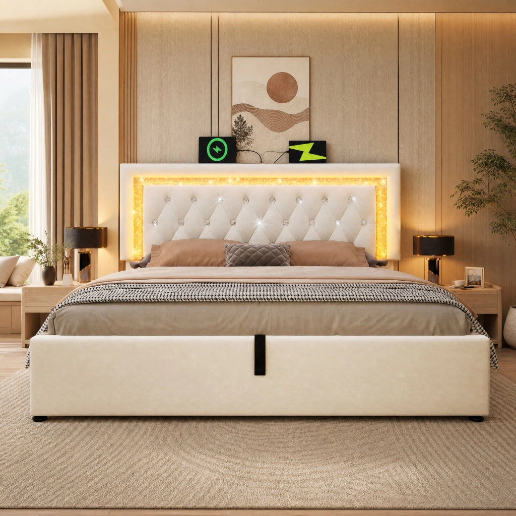 Letto matrimoniale imbottito 160x200 cm in velluto beige con LED, USB-C, contenitore e rete