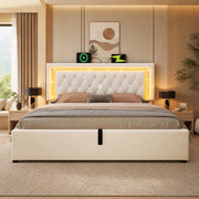 Letto matrimoniale imbottito 160x200 cm in velluto beige con LED, USB-C, contenitore e rete