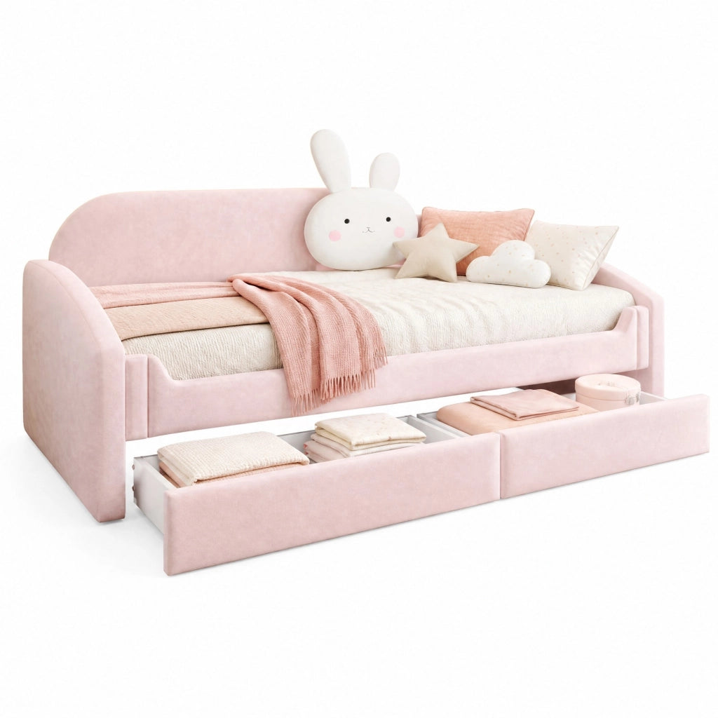 Letto divano per bambini 90 × 200 cm con 2 cassetti; LED e cuscino coniglio; senza materasso; rosa