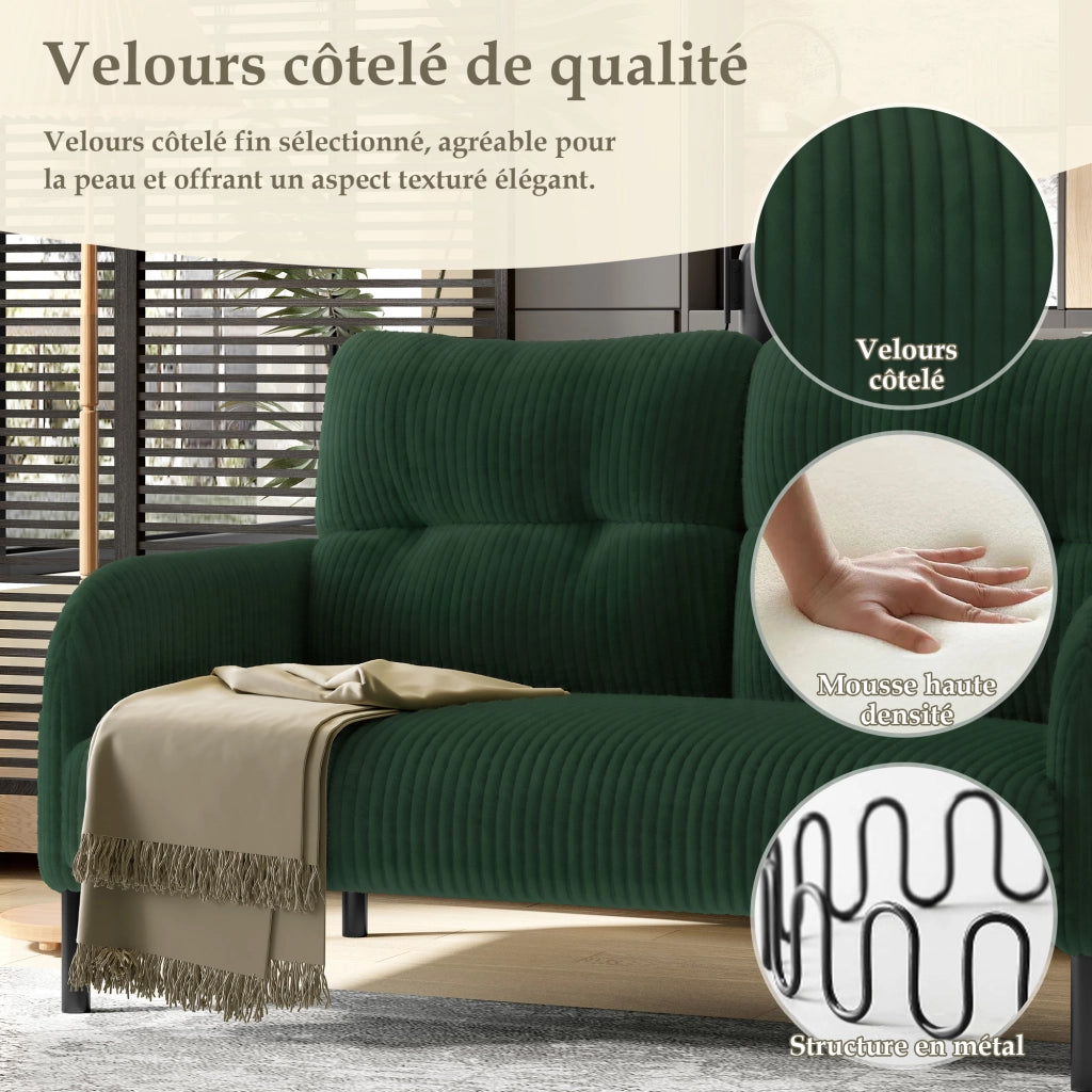 Divano 2 Posti con Schienale Ergonomico; Tasca Laterale e Seduta Profonda in Velluto a Coste Verde Smeraldo 120 × 75 × 79 cm