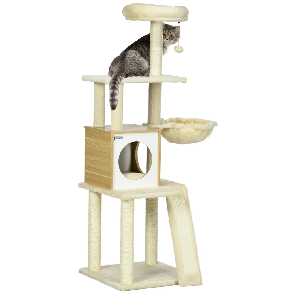 EasyComfort Albero per Gatti con Casetta, Tiragraffi per Gatti, Posatoio e Paletto, 48.5x48.5x141.5 cm, Beige