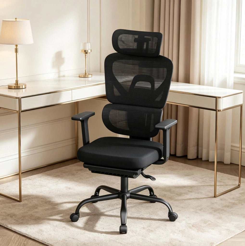 Sedia da ufficio ergonomica nera con poggiapiedi regolabile