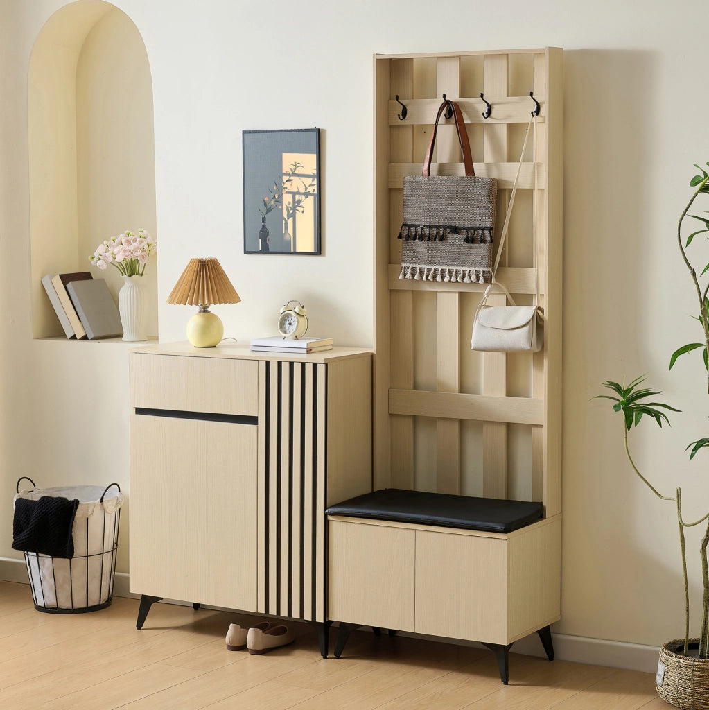 Set guardaroba con panca e credenza in MDF naturale