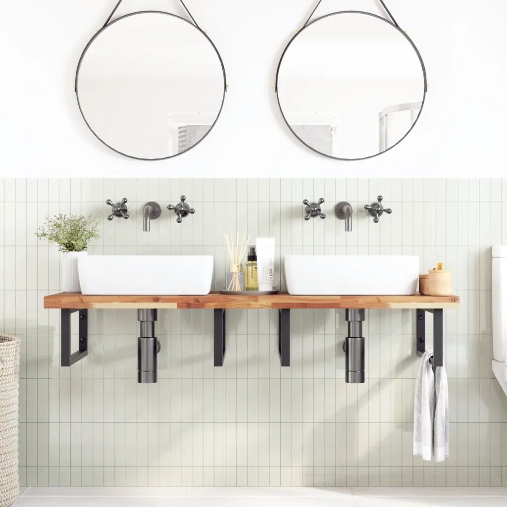Ripiano a Parete per Lavabo in Acciaio e Massello di Acacia 3302869