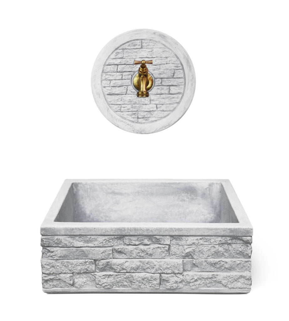 Lavello Rettangolare da Esterno 45x35 cm con Rosone Installazione a Muro in Cemento Mattone Faccia a Vista Meseta Grigio