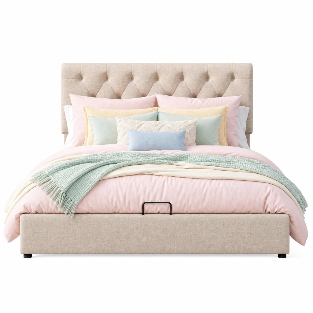 Letto matrimoniale imbottito 140x200 cm con testiera regolabile; contenitore idraulico; lino naturale
