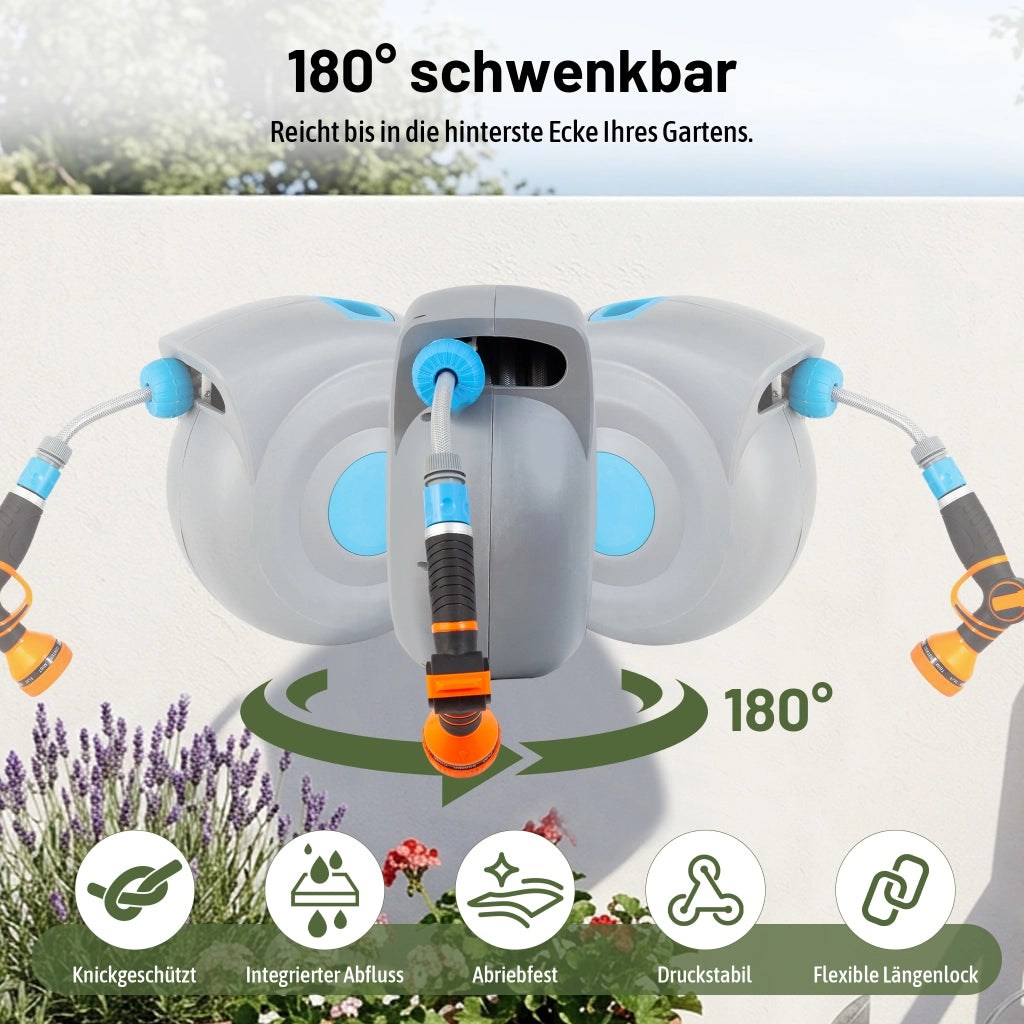 Avvolgitubo da giardino automatico da 30 m, montaggio a parete, pistola a spruzzo 9 in 1, resistente ai raggi UV e al gelo, girevole a 180¡ã ¨C
