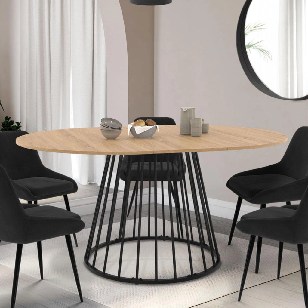 Tavolo da pranzo rotondo allungabile YUNA 4-8 persone con piano in legno e gamba in filo metallico nero 110-150 cm