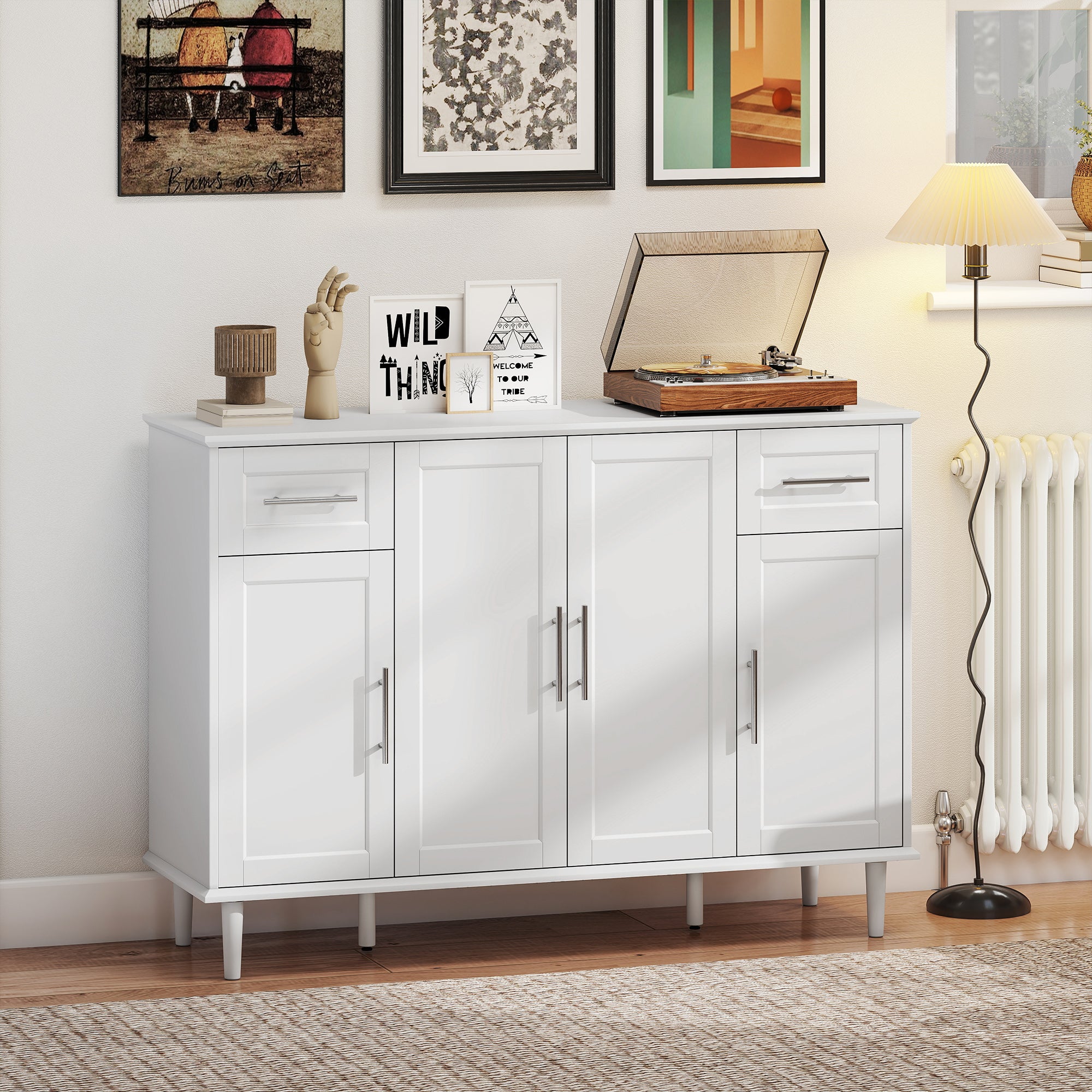 Credenza Buffet Elegante 120x38x86 cm con 2 Cassetti e 3 Armadietti in Legno Bianco